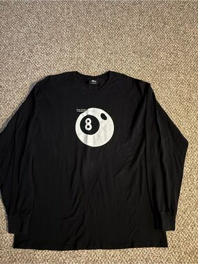 Stussy Black Long Sleeve Tee with White 8-Ball Graphic
